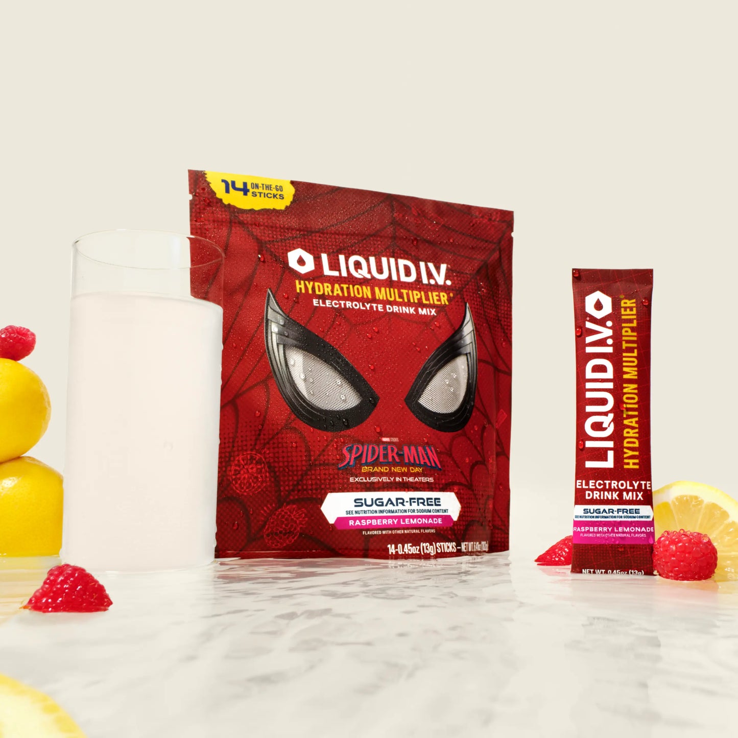 Liquid I.V. Limited Edition Spider-Man Hydration Multiplier Sugar-Free - Raspberry Lemonade - Hydration Powder Packets | Electrolyte Powder Drink Mix | Convenient Single-Serving Sticks | 8 Vitamins & Nutrients | 1 Pack (14 Servings)