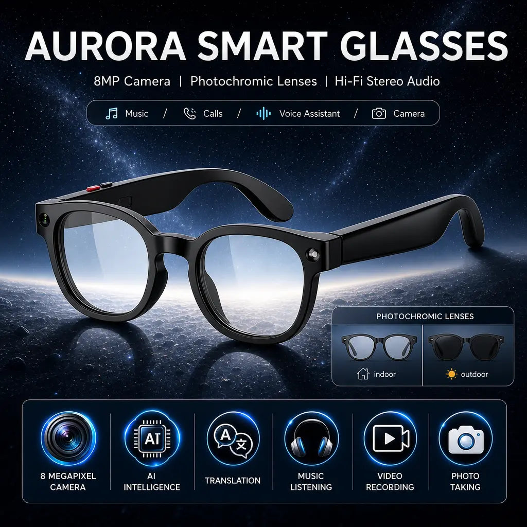 Sightflow Smart AI Camera Glasses with 8MP Photochromic UV-Protective Lenses, Real-Time Translation in 160+ Languages, Bluetooth Audio, Hands-Free Photo and Video Capture, Touch Control, Ideal for Travel and Outdoor Use, Compatible with iOS and Android
