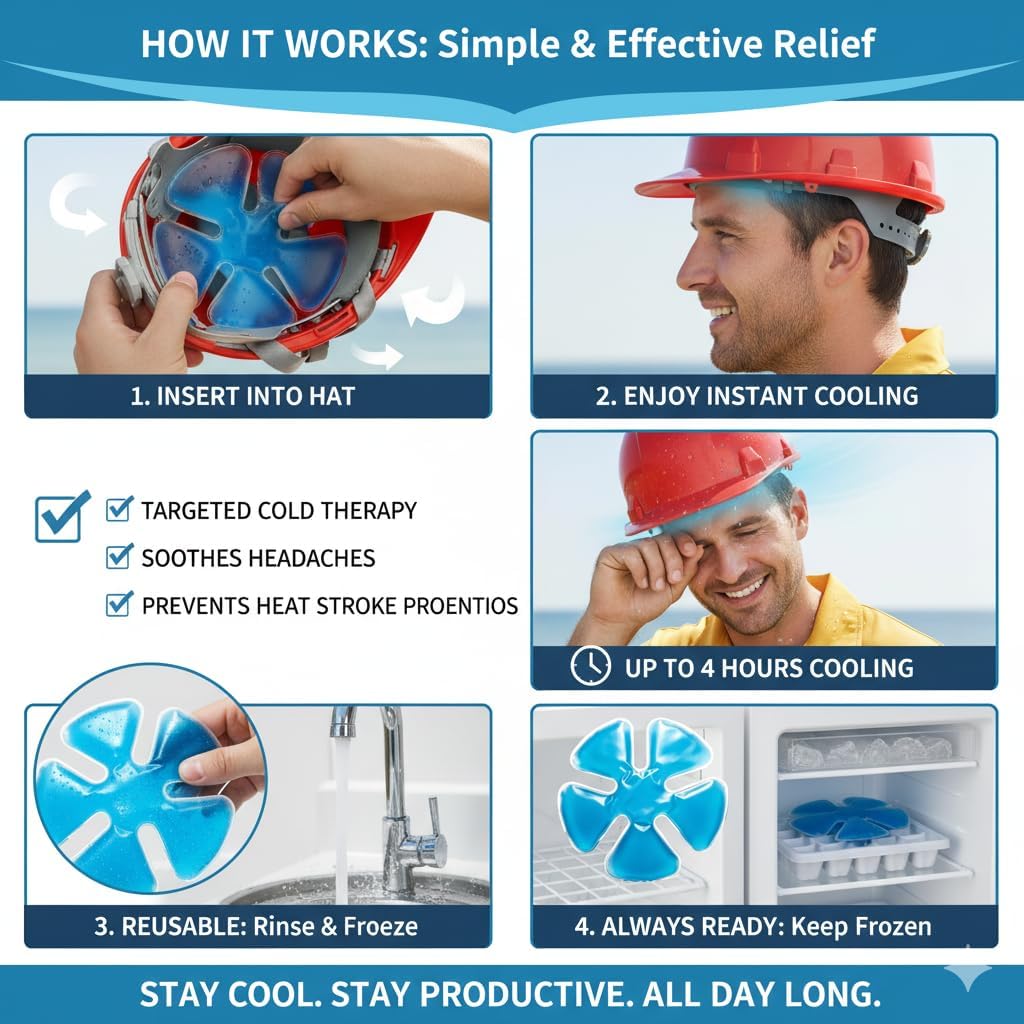 Stay Cool and Comfortable with Reusable Gel Ice Packs for Hats – Adjustable Cold Therapy Inserts for Hard Hats and Sun Hats – 4-Hour Relief for Construction Workers, Migraines, and Heat Stroke Prevention – 4 Pack