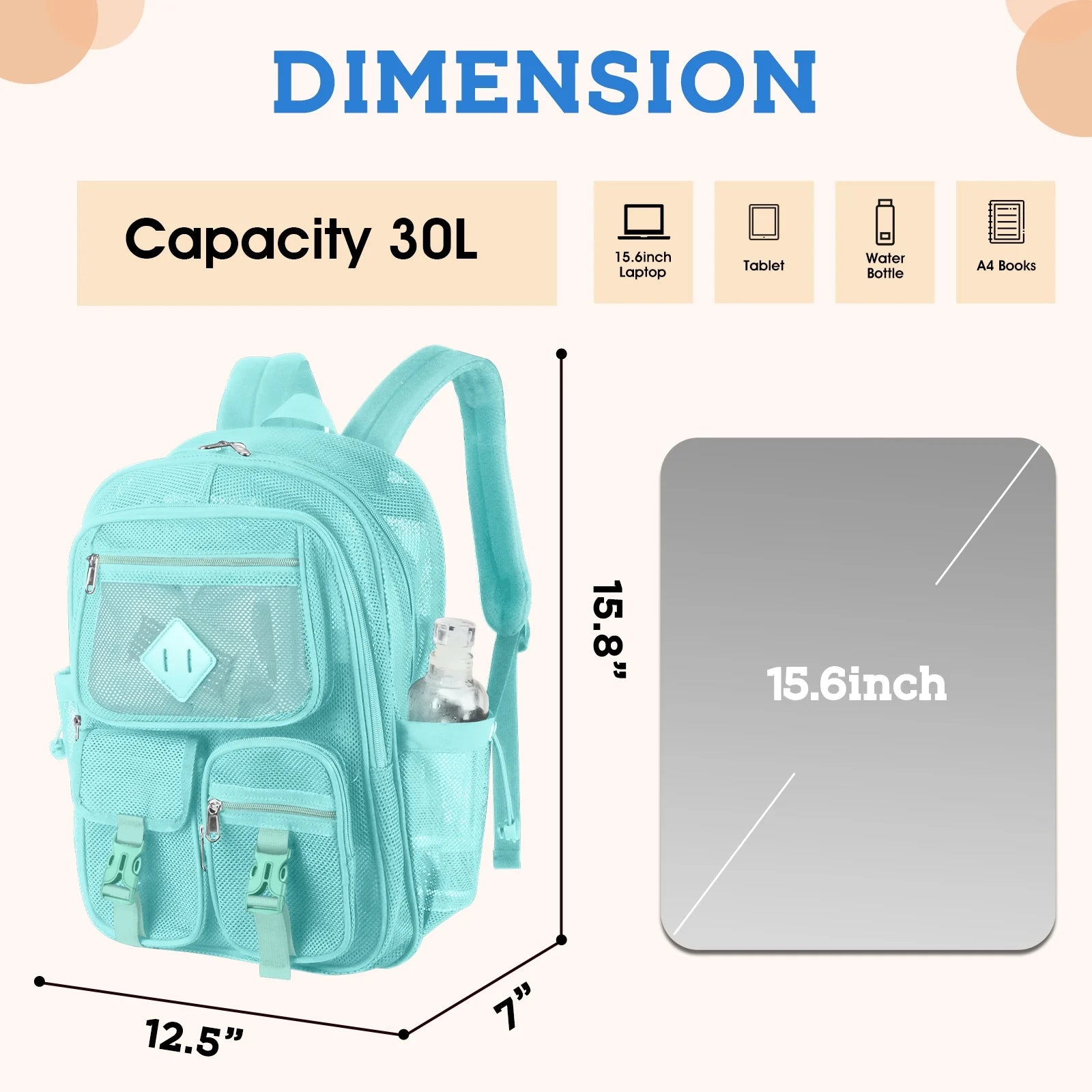 Mesh Backpack School Backpacks Large Capacity See through Bookbag Stadium Approved with Multiple Compartments Pockets for School(Lake Green)