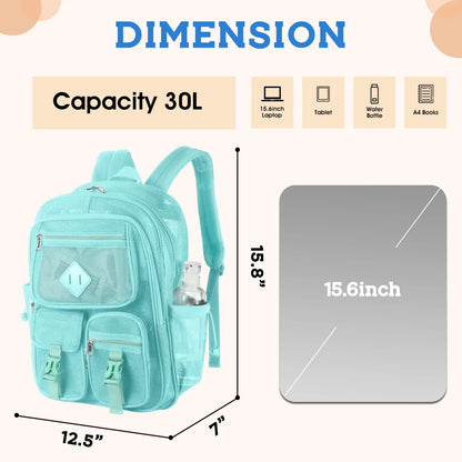 Mesh Backpack School Backpacks Large Capacity See through Bookbag Stadium Approved with Multiple Compartments Pockets for School(Lake Green)