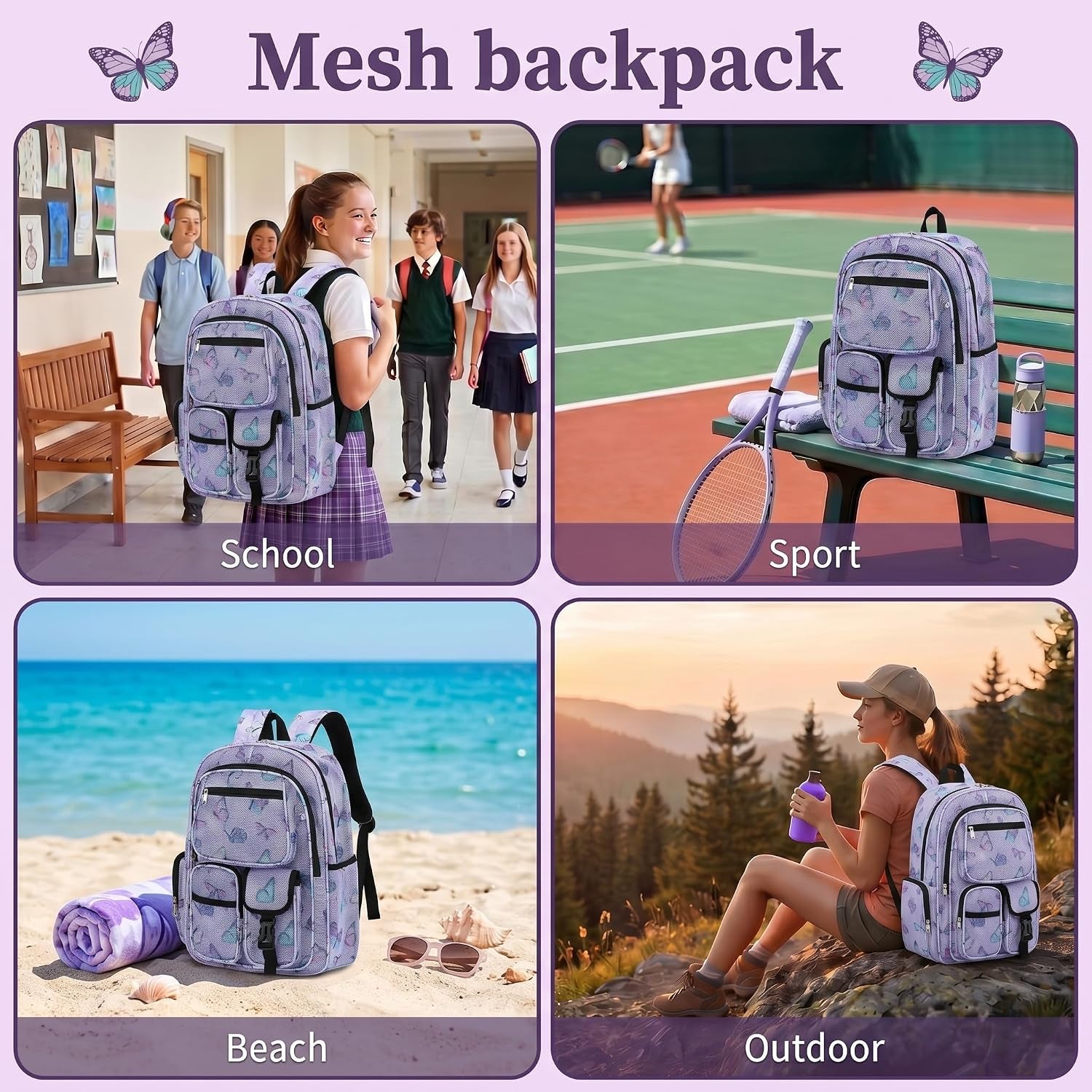 Mesh Backpacks for School, Heavy Duty Breathable See through Bookbag for Women Girls Boys Kids, Large Capacity Mesh Bag for Beach Swimming Gym Work Travel- Butterfly Purple