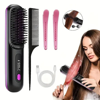 2026 Upgraded Straight Hair Comb, Portable Fashion Lazy Straightener, USB Rechargeable Flat Iron Clip, Wireless Straightening & Curling Comb