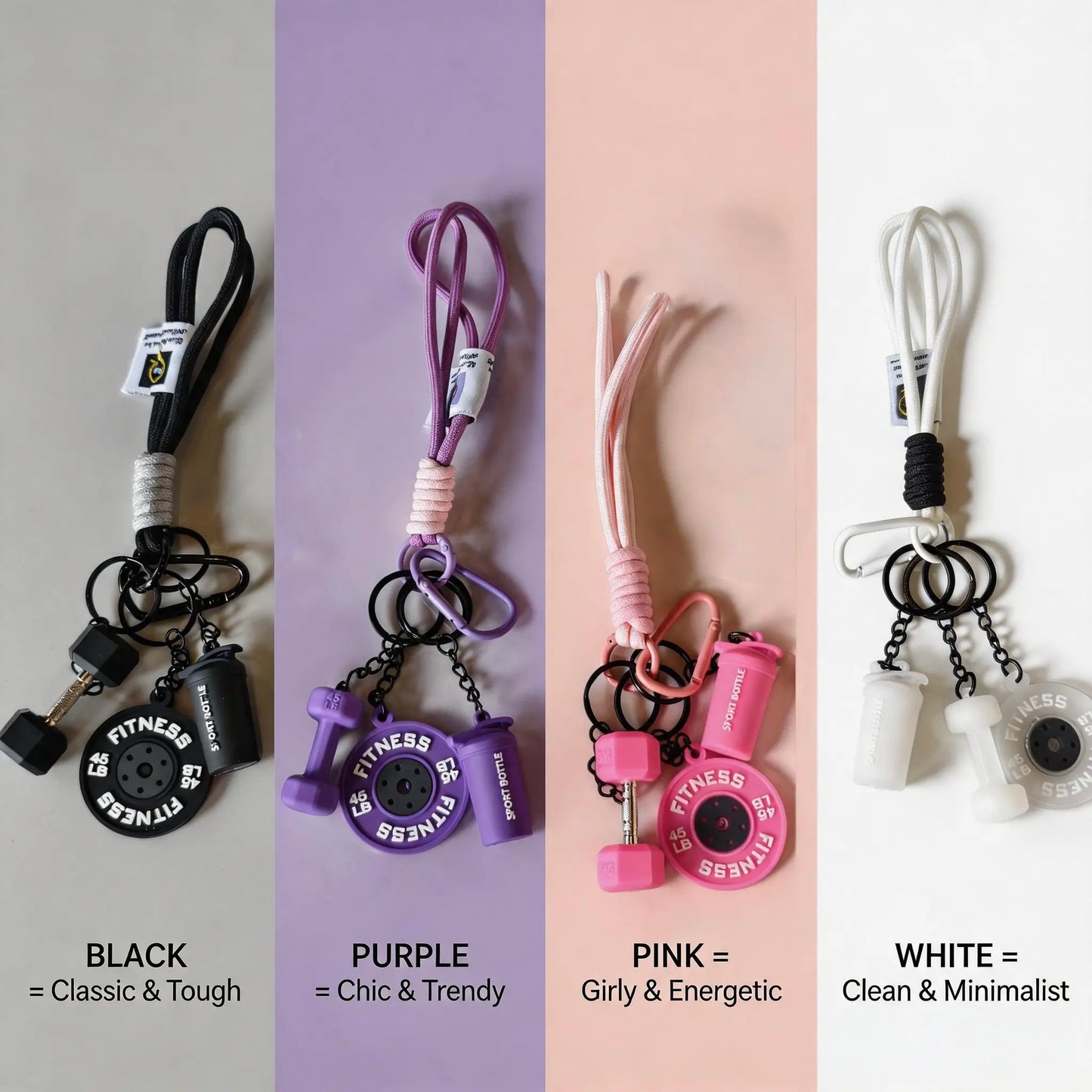 3D Fitness-Themed Keychain, Durable Silicone and Metal Bag Charm Featuring Dumbbell, Barbell, and Weight Plate, Compact Mini Size with Sturdy Connecting Chain