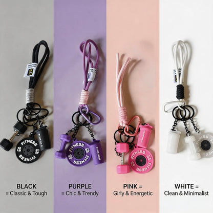 3D Fitness-Themed Keychain, Durable Silicone and Metal Bag Charm Featuring Dumbbell, Barbell, and Weight Plate, Compact Mini Size with Sturdy Connecting Chain