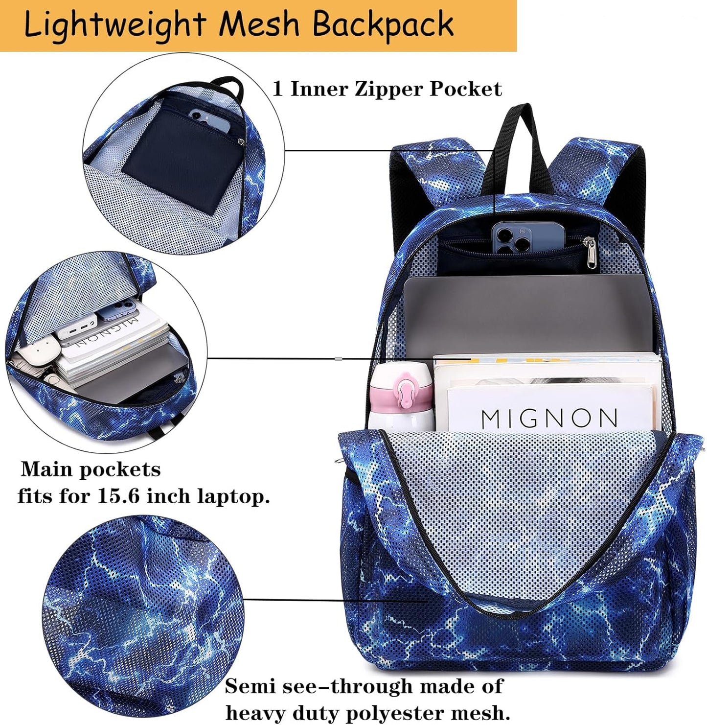 Mesh Backpack for Boys Girls Semi-Transparent School Backpack for Boys and Girls See through Large Capacity Lightning Blue