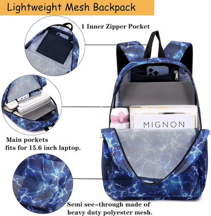Mesh Backpack for Boys Girls Semi-Transparent School Backpack for Boys and Girls See through Large Capacity Lightning Blue