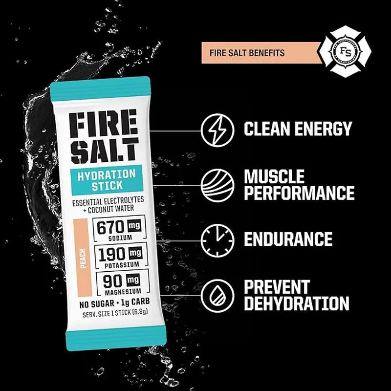 FIRE SALT PEACH Hydration Sticks - Essential Electrolytes & Coconut Water - Zero Sugar - Sport Energy Drink Mix - Natural Ingredients - 3X Electrolytes - Ideal for Intense Activities - Beverage, 16 or 32 Ct.