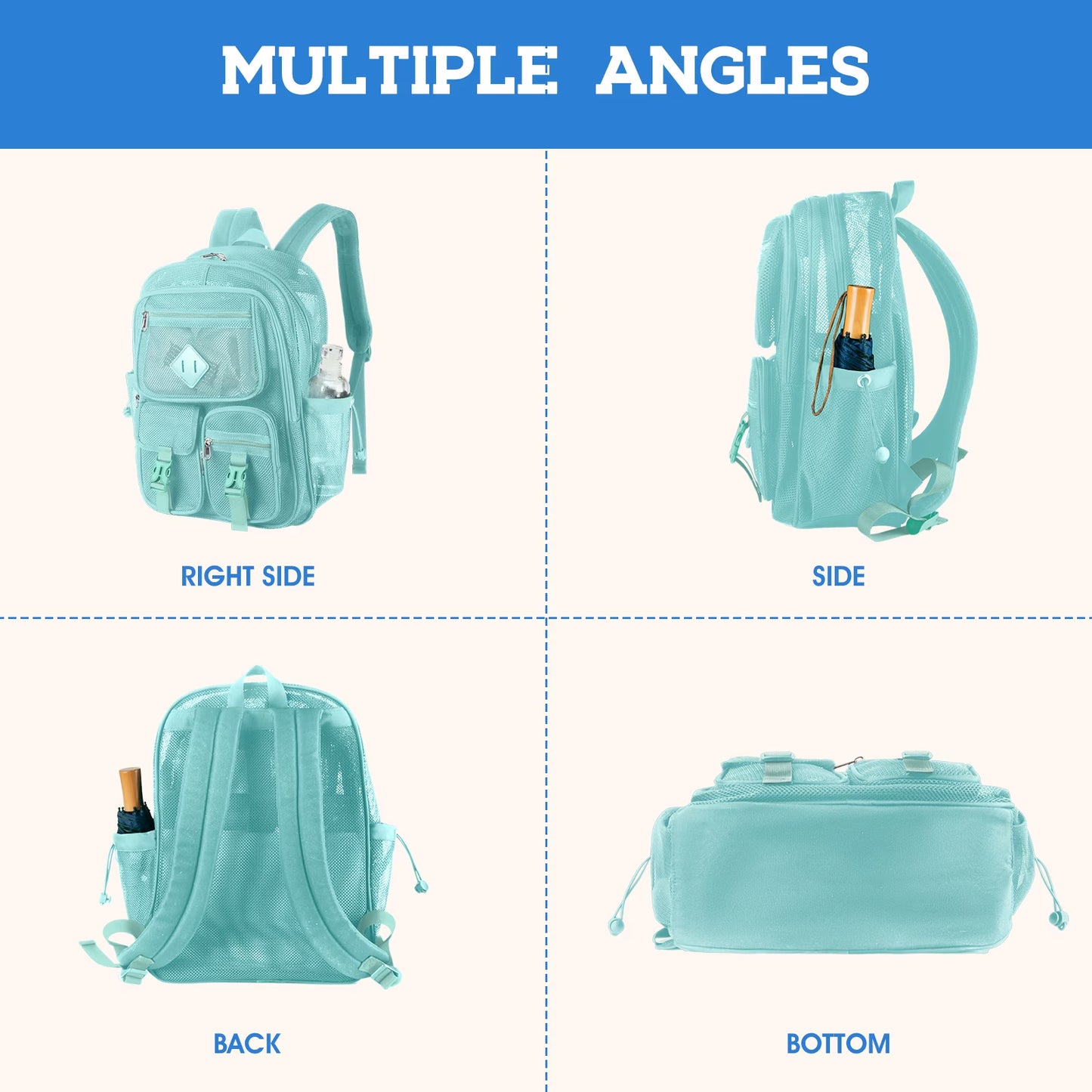 Mesh Backpack School Backpacks Large Capacity See through Bookbag Stadium Approved with Multiple Compartments Pockets for School(Lake Green)
