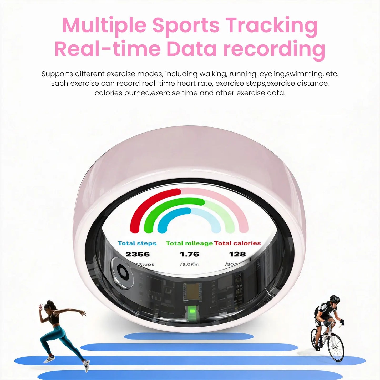 #6-#11 T3 Pink & Black Ceramic Smart Couple Rings for Women & Men, Fitness & Sleep Tracker, Heart Rate & Stress Monitor, Cycle Tracking, IP68 Waterproof, 3–5 Day Battery, Ios & Android Compatible, with Charging Case