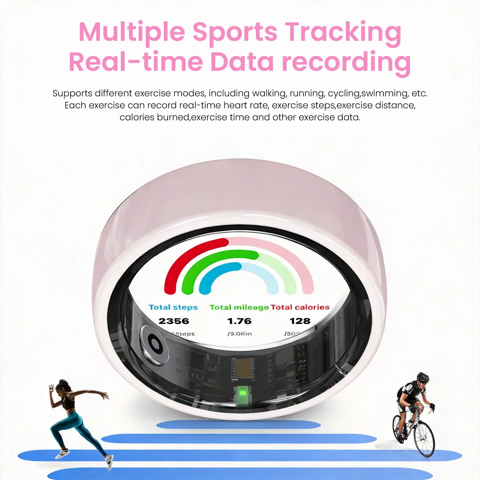 #6-#11 T3 Pink & Black Ceramic Smart Couple Rings for Women & Men, Fitness & Sleep Tracker, Heart Rate & Stress Monitor, Cycle Tracking, IP68 Waterproof, 3–5 Day Battery, Ios & Android Compatible, with Charging Case