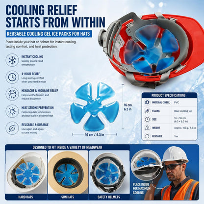 Stay Cool and Comfortable with Reusable Gel Ice Packs for Hats – Adjustable Cold Therapy Inserts for Hard Hats and Sun Hats – 4-Hour Relief for Construction Workers, Migraines, and Heat Stroke Prevention – 4 Pack