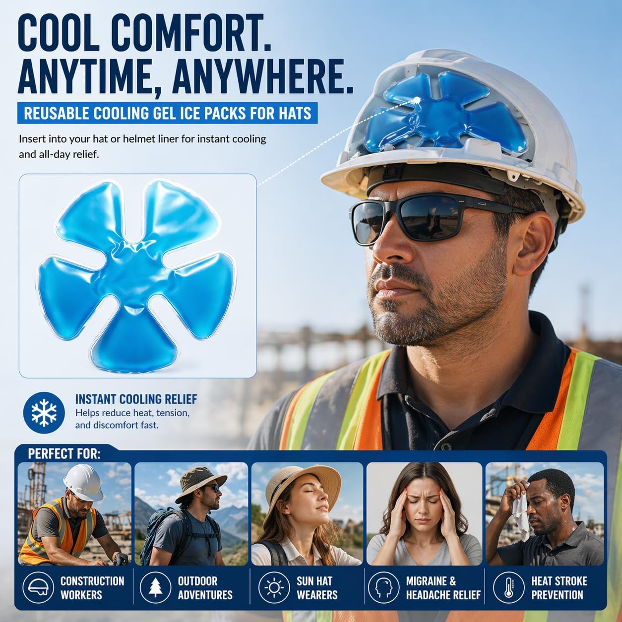 Stay Cool and Comfortable with Reusable Gel Ice Packs for Hats – Adjustable Cold Therapy Inserts for Hard Hats and Sun Hats – 4-Hour Relief for Construction Workers, Migraines, and Heat Stroke Prevention – 4 Pack
