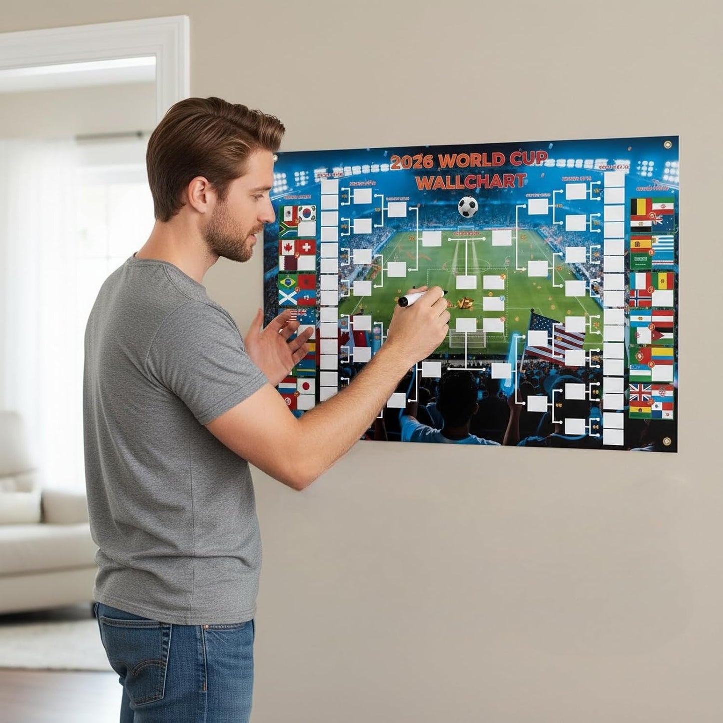2026 World Cup Schedule Poster Chart 35.5"x24", Single-Sheet Fill-In Bracket Chart with Marker & 4 Adhesive Hooks | Large Soccer Wall Calendar for Home Bar Office, Great Soccer Fan Gift for Game Day Party