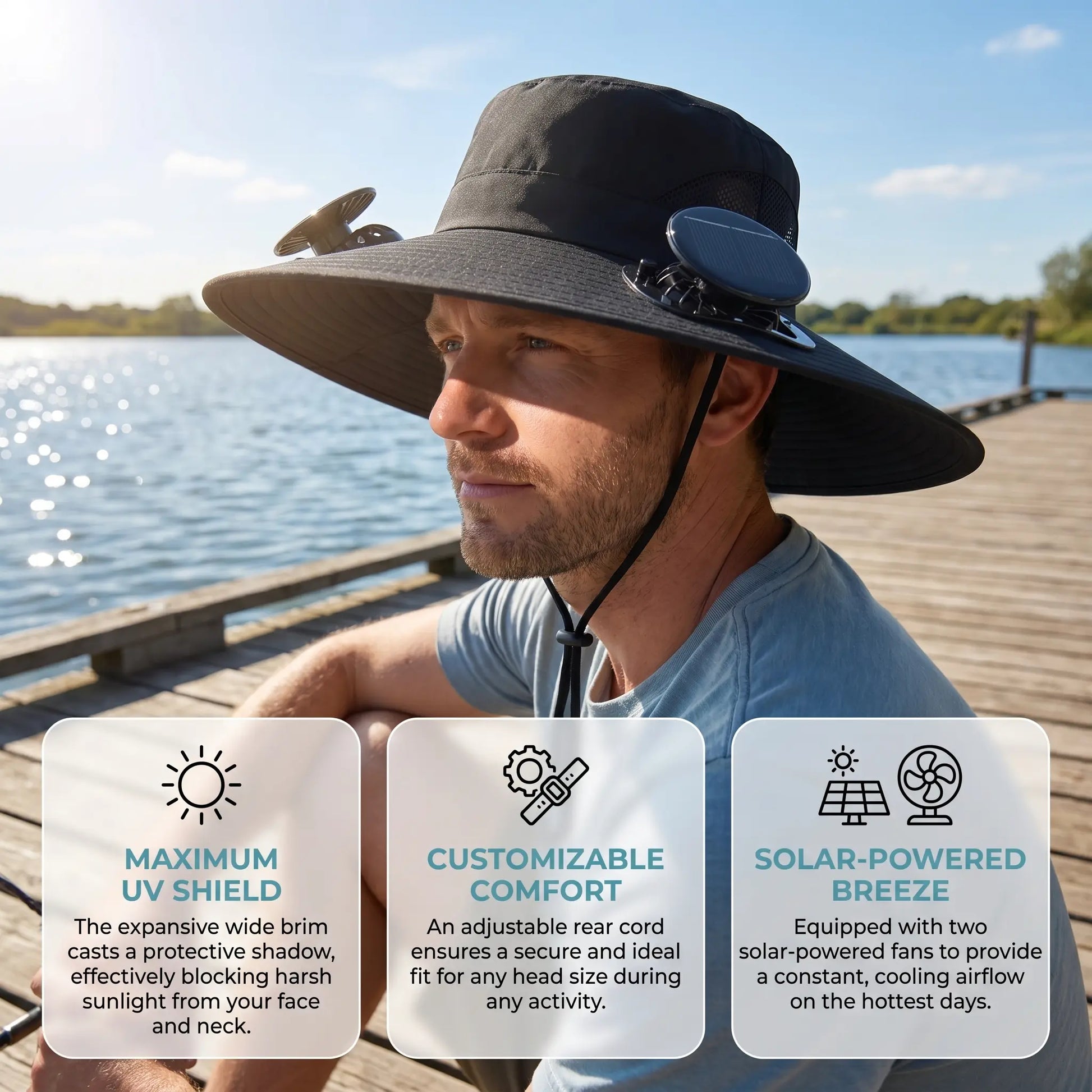 Solar Cooling Fan Hat for Men Women | Wide Brim UV Protection Sun Hat with Dual Solar Fans | Breathable Adjustable Outdoor Hat for Fishing Camping Hiking Beach,Summerwins