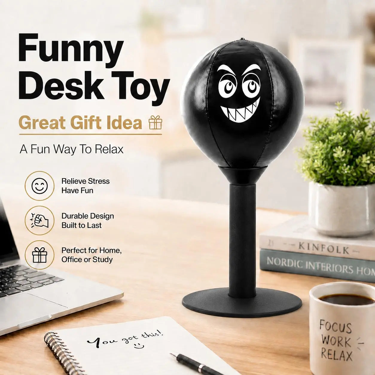 Desktop Boxing Bag - Stress Relief Speed Trainer with Durable PU Ball, Carbon-Steel Spring, and Suction Cup Mount for Office Use