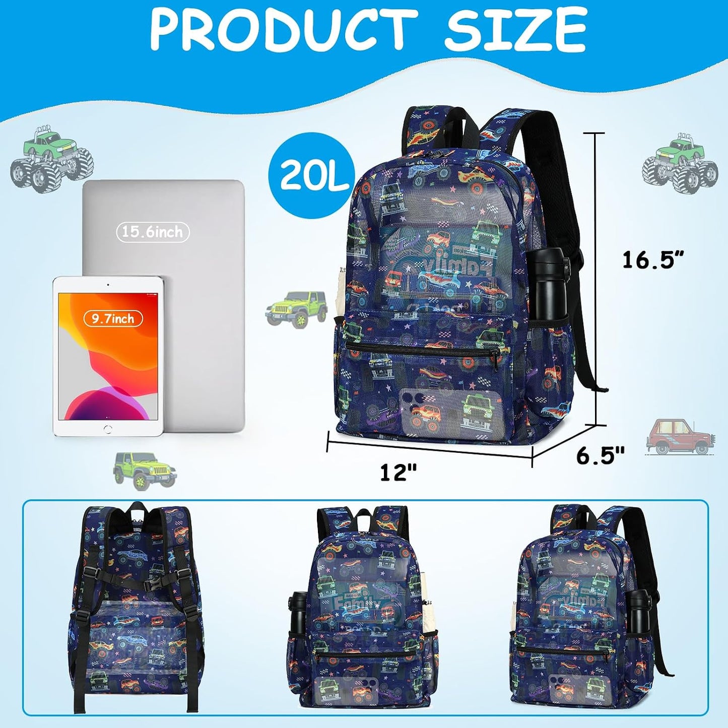Mesh Backpack Kids Boys Girls Bookbag See through Preschool Backpacks Casual Daypack for School Beach Travel Sport (Navy-Vehicle)