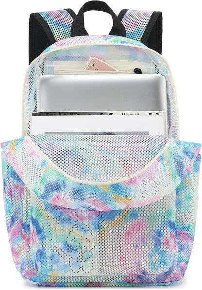 Tie Dye Mesh Backpack for Girls Women, Semi-Transparent Kids School Backpack College Bookbag for Beach Gym Travel