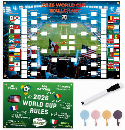 2026 World Cup Schedule Poster Chart 35.5"x24", Single-Sheet Fill-In Bracket Chart with Marker & 4 Adhesive Hooks | Large Soccer Wall Calendar for Home Bar Office, Great Soccer Fan Gift for Game Day Party