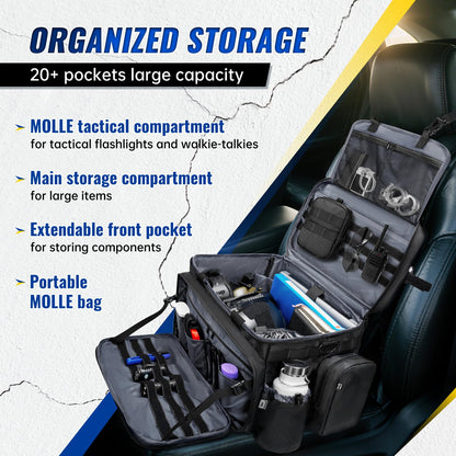 Patrol Bag Law Enforcement, Extra Large Police Gear Bag for Car Front Seat Organizer with a MOLLE Pouch & 15.6In Laptop Layer, Multiple Compartments Police Duty Bags Fit Vehicle Passenger Seat, Black
