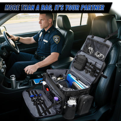 Patrol Bag Law Enforcement, Extra Large Police Gear Bag for Car Front Seat Organizer with a MOLLE Pouch & 15.6In Laptop Layer, Multiple Compartments Police Duty Bags Fit Vehicle Passenger Seat, Black