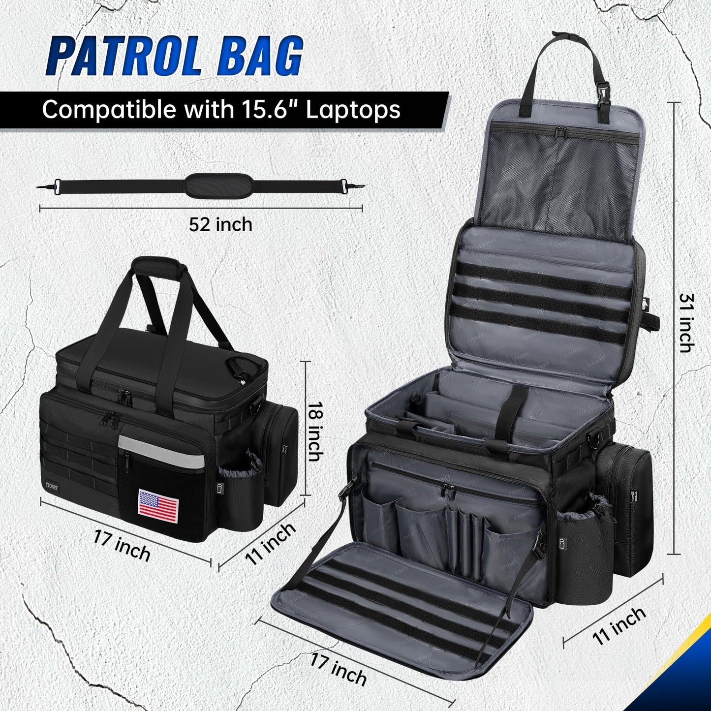 Patrol Bag Law Enforcement, Extra Large Police Gear Bag for Car Front Seat Organizer with a MOLLE Pouch & 15.6In Laptop Layer, Multiple Compartments Police Duty Bags Fit Vehicle Passenger Seat, Black