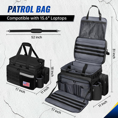 Patrol Bag Law Enforcement, Extra Large Police Gear Bag for Car Front Seat Organizer with a MOLLE Pouch & 15.6In Laptop Layer, Multiple Compartments Police Duty Bags Fit Vehicle Passenger Seat, Black