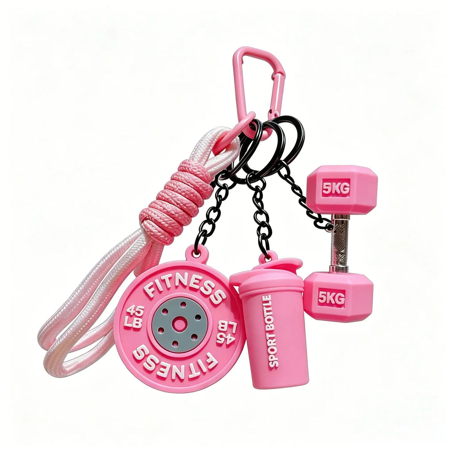 3D Fitness-Themed Keychain, Durable Silicone and Metal Bag Charm Featuring Dumbbell, Barbell, and Weight Plate, Compact Mini Size with Sturdy Connecting Chain