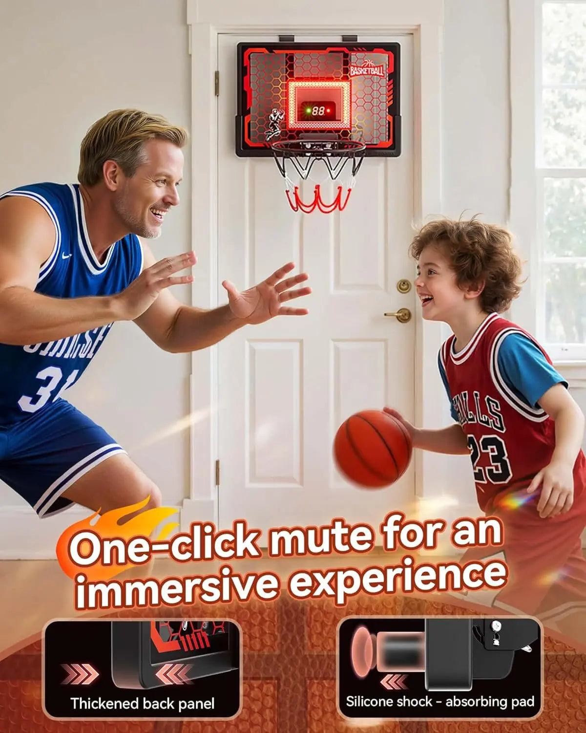 Indoor Basketball Hoop Pro for Kids, over the Door Basketball Hoop Indoor with LED Light/Scoreboard/4 Balls- Upgraded Anti-Impact Backboard, Basketball Toys Gifts for 6 7 8 9 10 11 12 Year Old Boys Chain Net