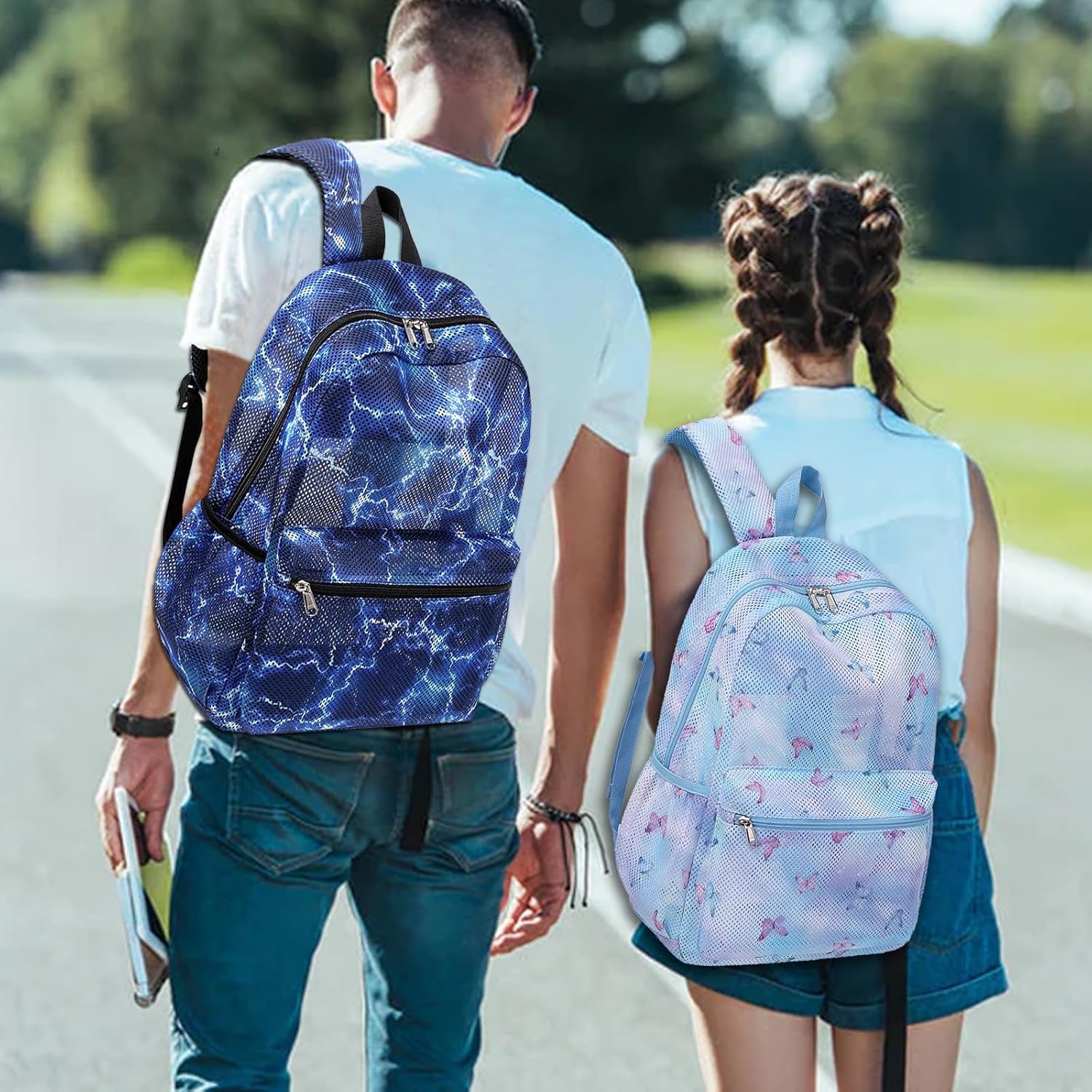 Mesh Backpack for Boys Girls Semi-Transparent School Backpack for Boys and Girls See through Large Capacity Lightning Blue