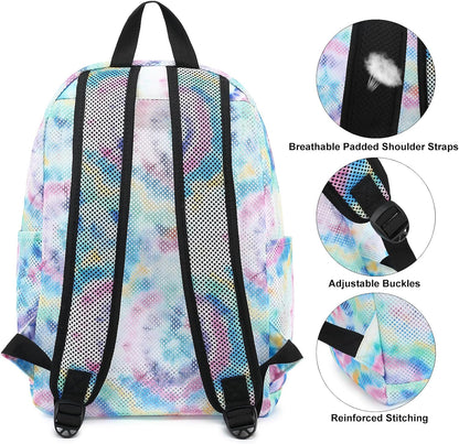 Tie Dye Mesh Backpack for Girls Women, Semi-Transparent Kids School Backpack College Bookbag for Beach Gym Travel