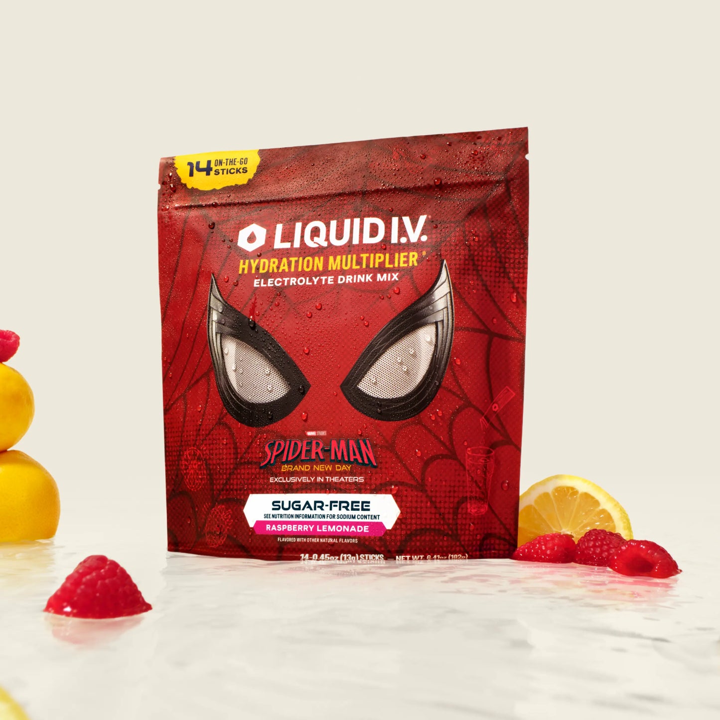 Liquid I.V. Limited Edition Spider-Man Hydration Multiplier Sugar-Free - Raspberry Lemonade - Hydration Powder Packets | Electrolyte Powder Drink Mix | Convenient Single-Serving Sticks | 8 Vitamins & Nutrients | 1 Pack (14 Servings)