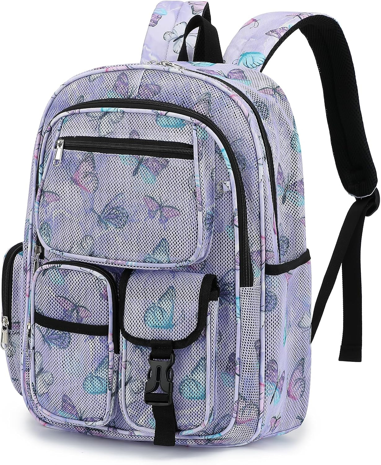 Mesh Backpacks for School, Heavy Duty Breathable See through Bookbag for Women Girls Boys Kids, Large Capacity Mesh Bag for Beach Swimming Gym Work Travel- Butterfly Purple