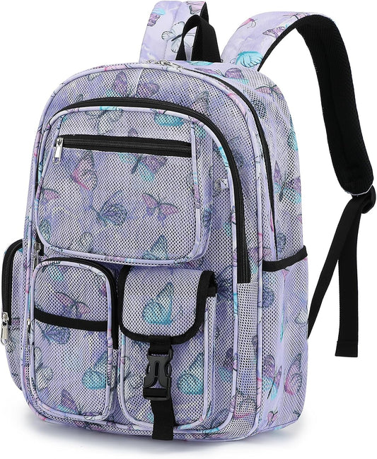 Mesh Backpacks for School, Heavy Duty Breathable See through Bookbag for Women Girls Boys Kids, Large Capacity Mesh Bag for Beach Swimming Gym Work Travel- Butterfly Purple