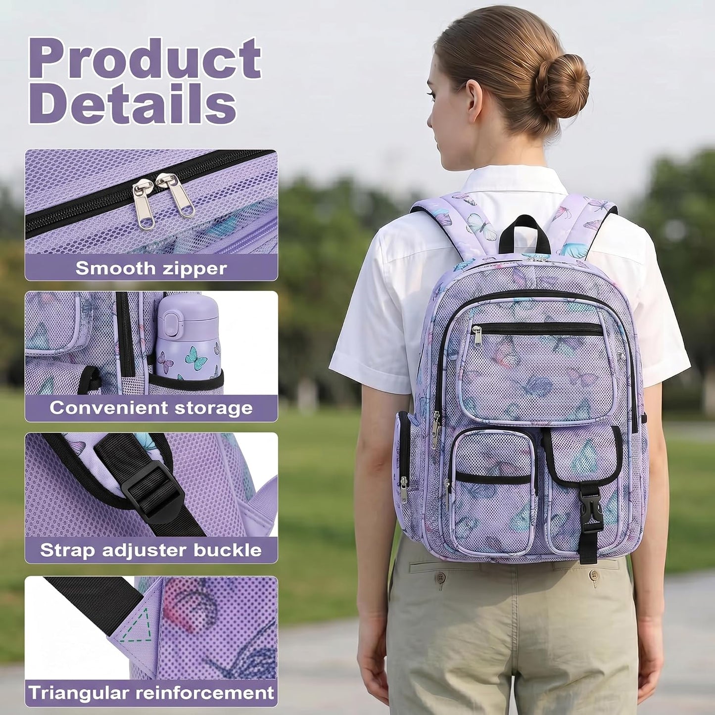 Mesh Backpacks for School, Heavy Duty Breathable See through Bookbag for Women Girls Boys Kids, Large Capacity Mesh Bag for Beach Swimming Gym Work Travel- Butterfly Purple