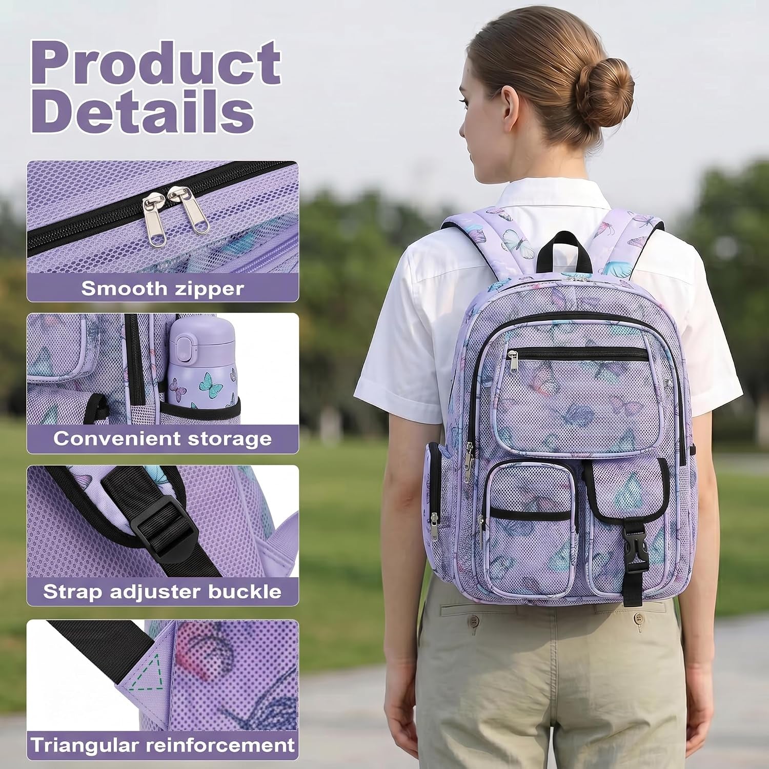 Mesh Backpacks for School, Heavy Duty Breathable See through Bookbag for Women Girls Boys Kids, Large Capacity Mesh Bag for Beach Swimming Gym Work Travel- Butterfly Purple