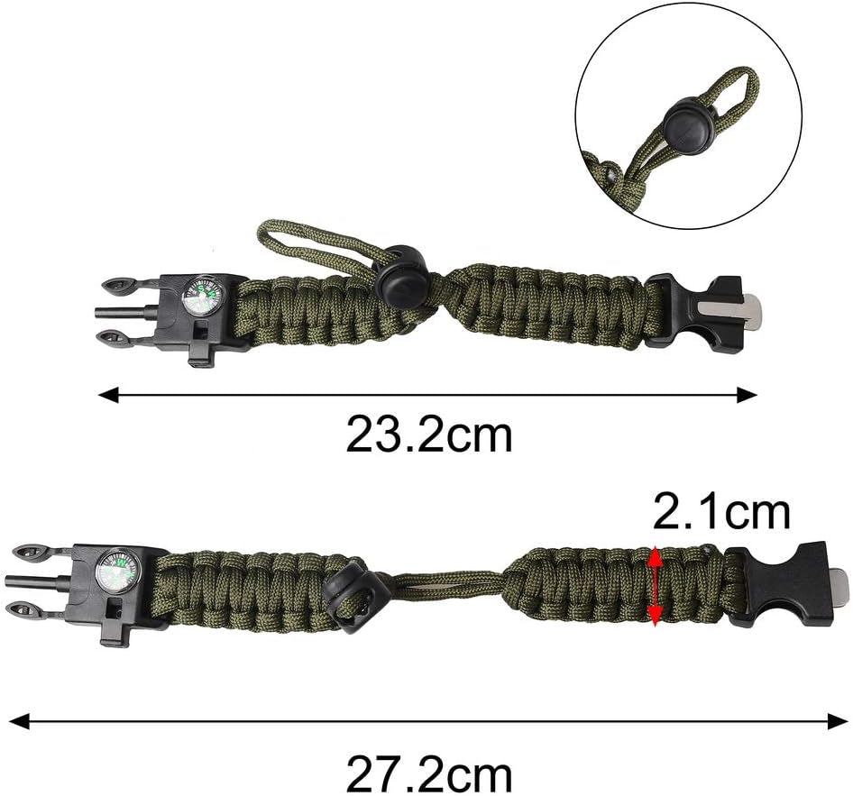 Survival Paracord Bracelet Flint Fire Starter Scraper Compass Wilderness Survival Whistle Adjustable Wristband 2Pack Black&Armygreen