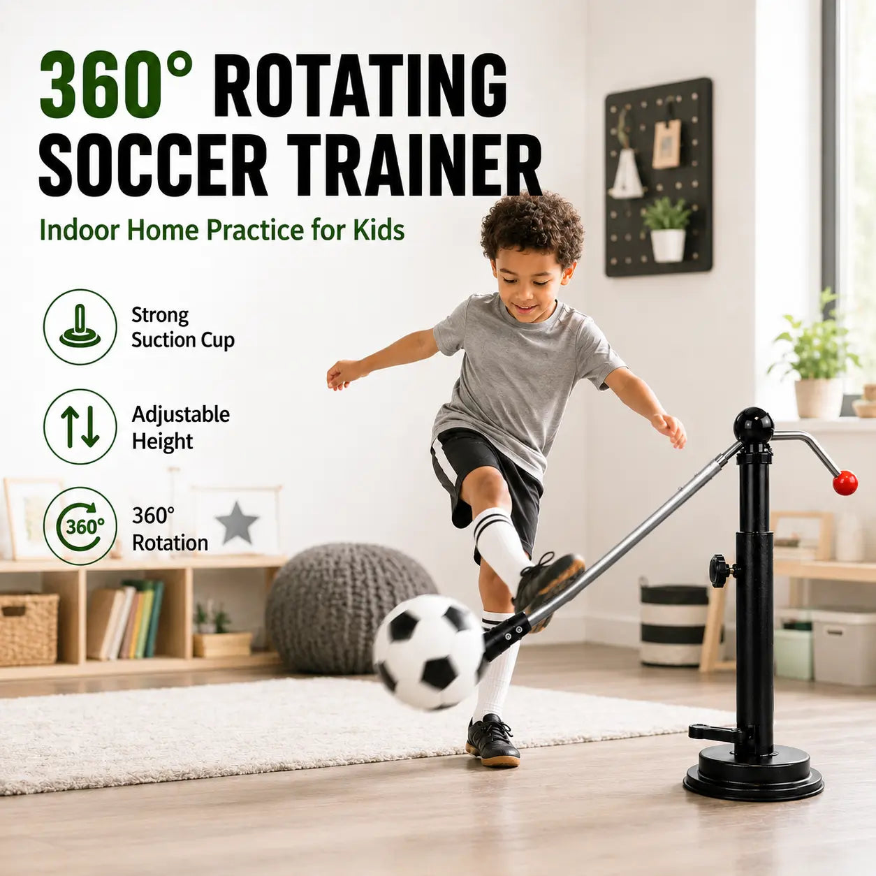 360° Rotating Soccer Training Kicker for Kids, Adjustable Indoor Soccer Ball Trainer with Suction Cup, Foldable Soccer Ball Holder for Parent-Child Home Practice