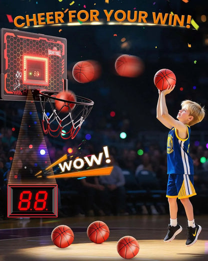 Indoor Basketball Hoop Pro for Kids, over the Door Basketball Hoop Indoor with LED Light/Scoreboard/4 Balls- Upgraded Anti-Impact Backboard, Basketball Toys Gifts for 6 7 8 9 10 11 12 Year Old Boys Chain Net