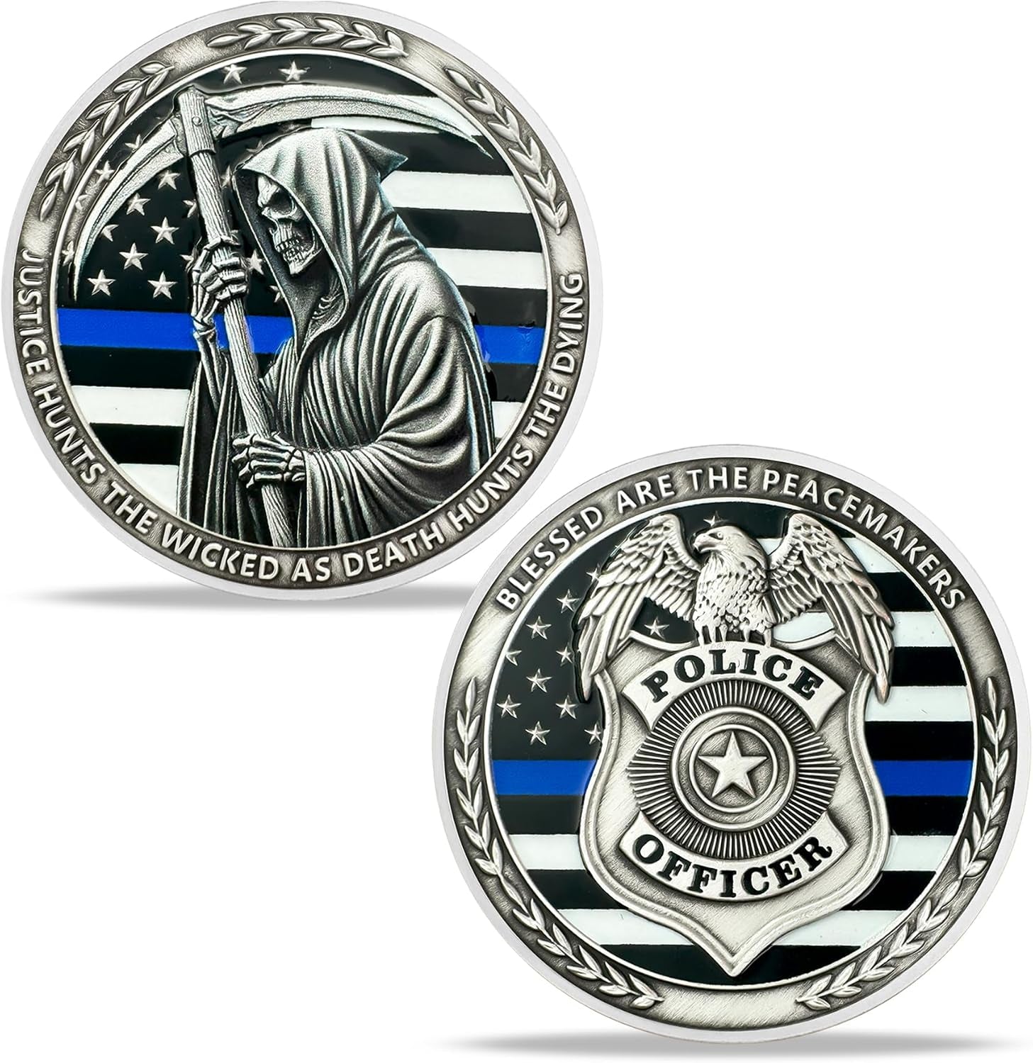 Thin Blue Line Reaper Police Officer Challenge Coin | Blessed Are the Peacemakers Police Challenge Coins for Sheriff Law Enforcement Police Academy Gifts Police Week Gifts