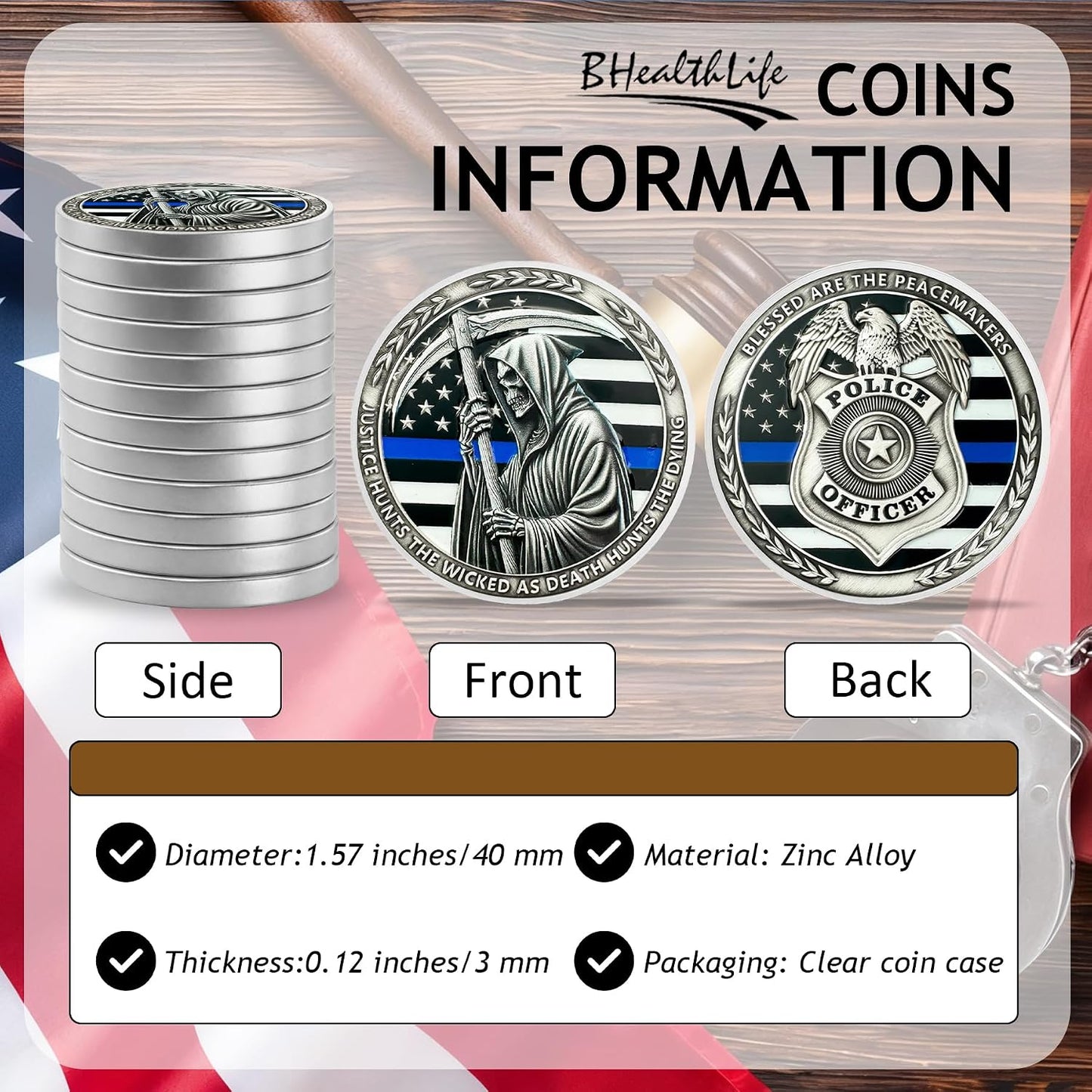 Thin Blue Line Reaper Police Officer Challenge Coin | Blessed Are the Peacemakers Police Challenge Coins for Sheriff Law Enforcement Police Academy Gifts Police Week Gifts