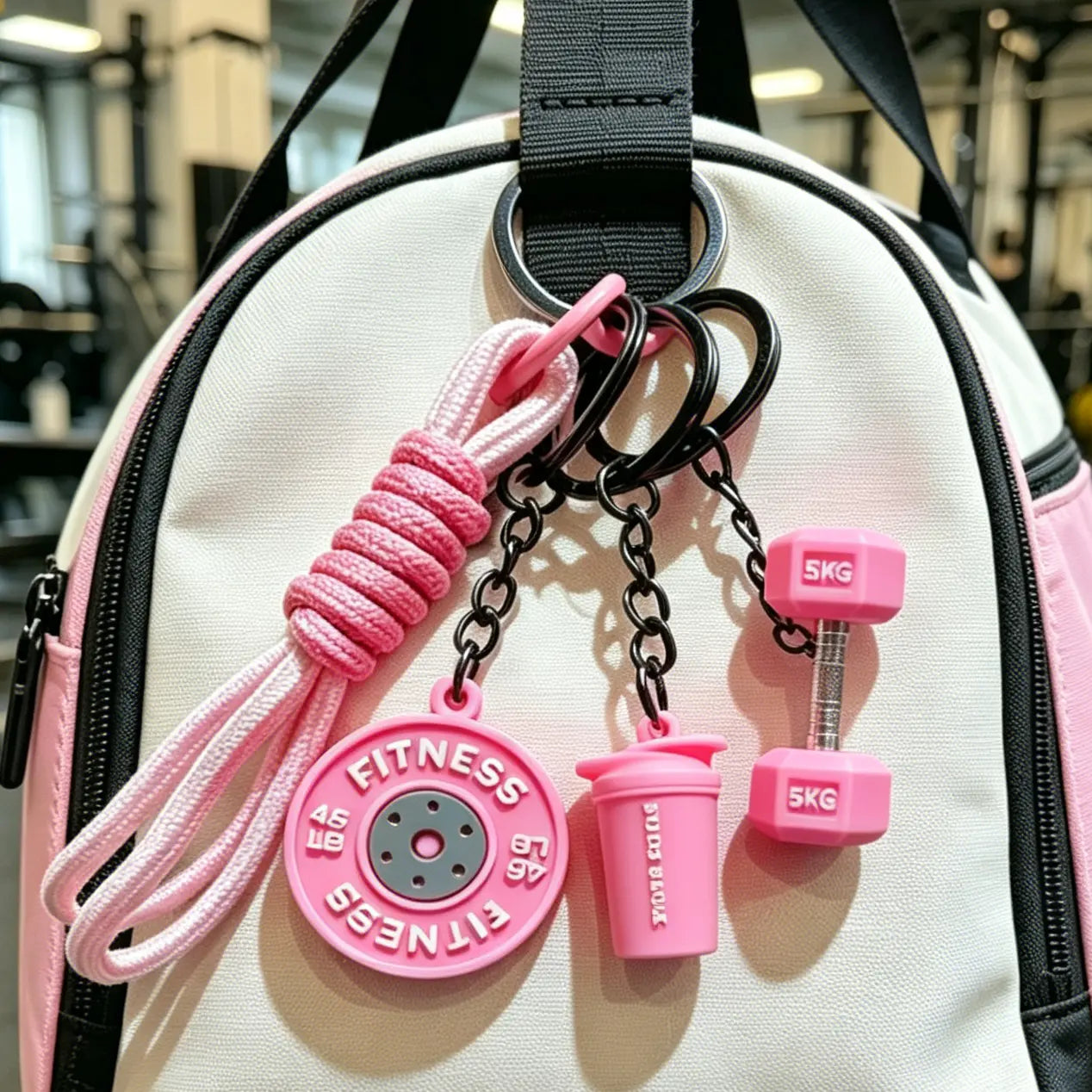 3D Fitness-Themed Keychain, Durable Silicone and Metal Bag Charm Featuring Dumbbell, Barbell, and Weight Plate, Compact Mini Size with Sturdy Connecting Chain