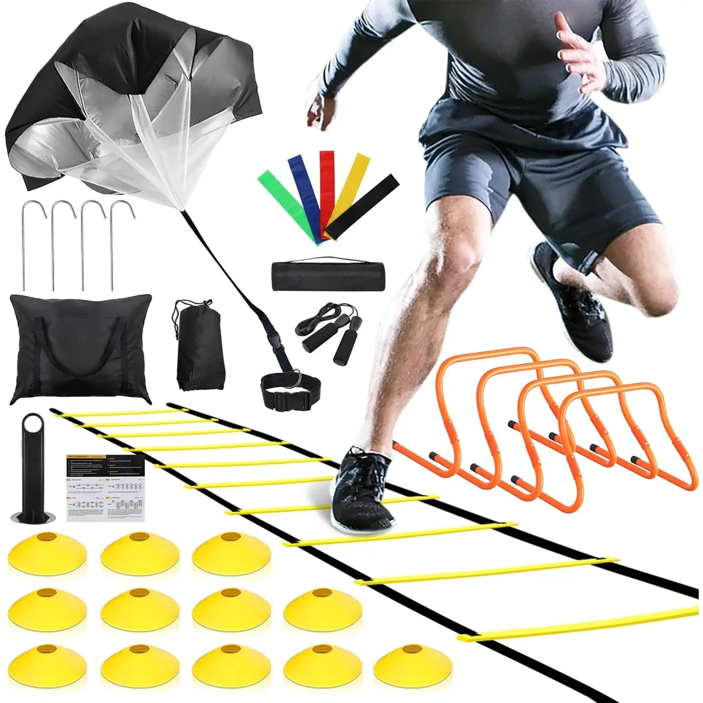 Agility Training Equipment Set: Includes 4 Hurdles, 20-Foot Speed Ladder with 12 Rungs, 12 Disc Cones, Resistance Parachute, Jump Rope, and 5 Resistance Bands