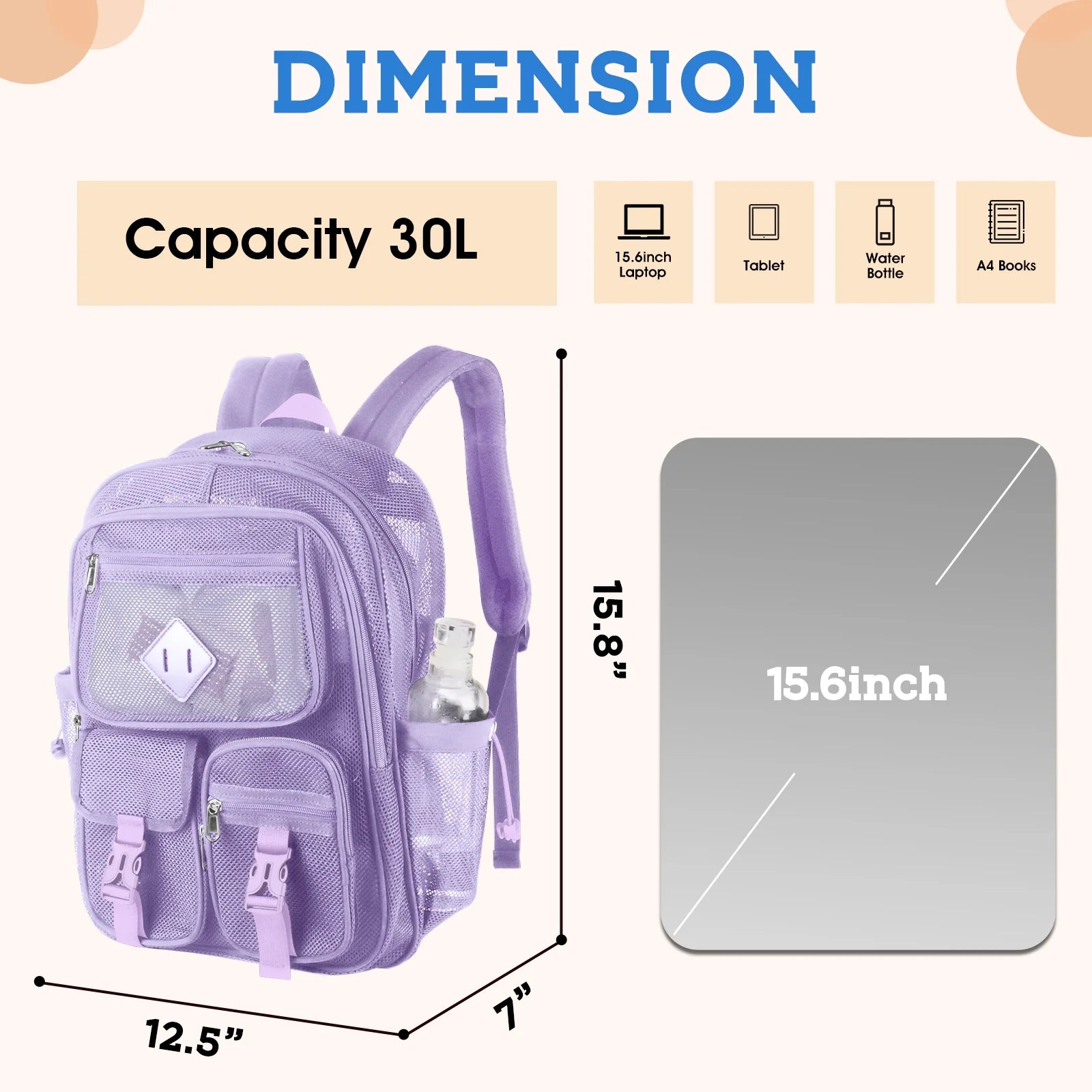 Mesh Backpack School Backpacks Large Capacity See through Bookbag Stadium Approved with Multiple Compartments Pockets for School(Purple)