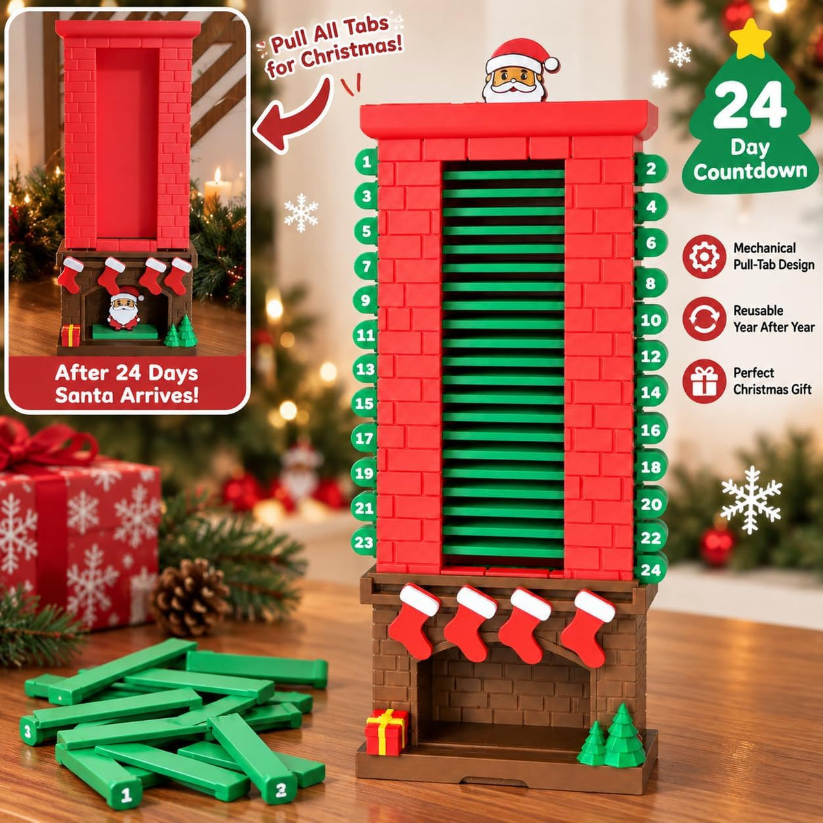24-Day Santa Chimney Christmas Countdown Calendar, Mechanical Reusable Advent Calendar with Pull Tab Design, Fireplace Mantel Decor Desktop and Christmas Seasonal Display