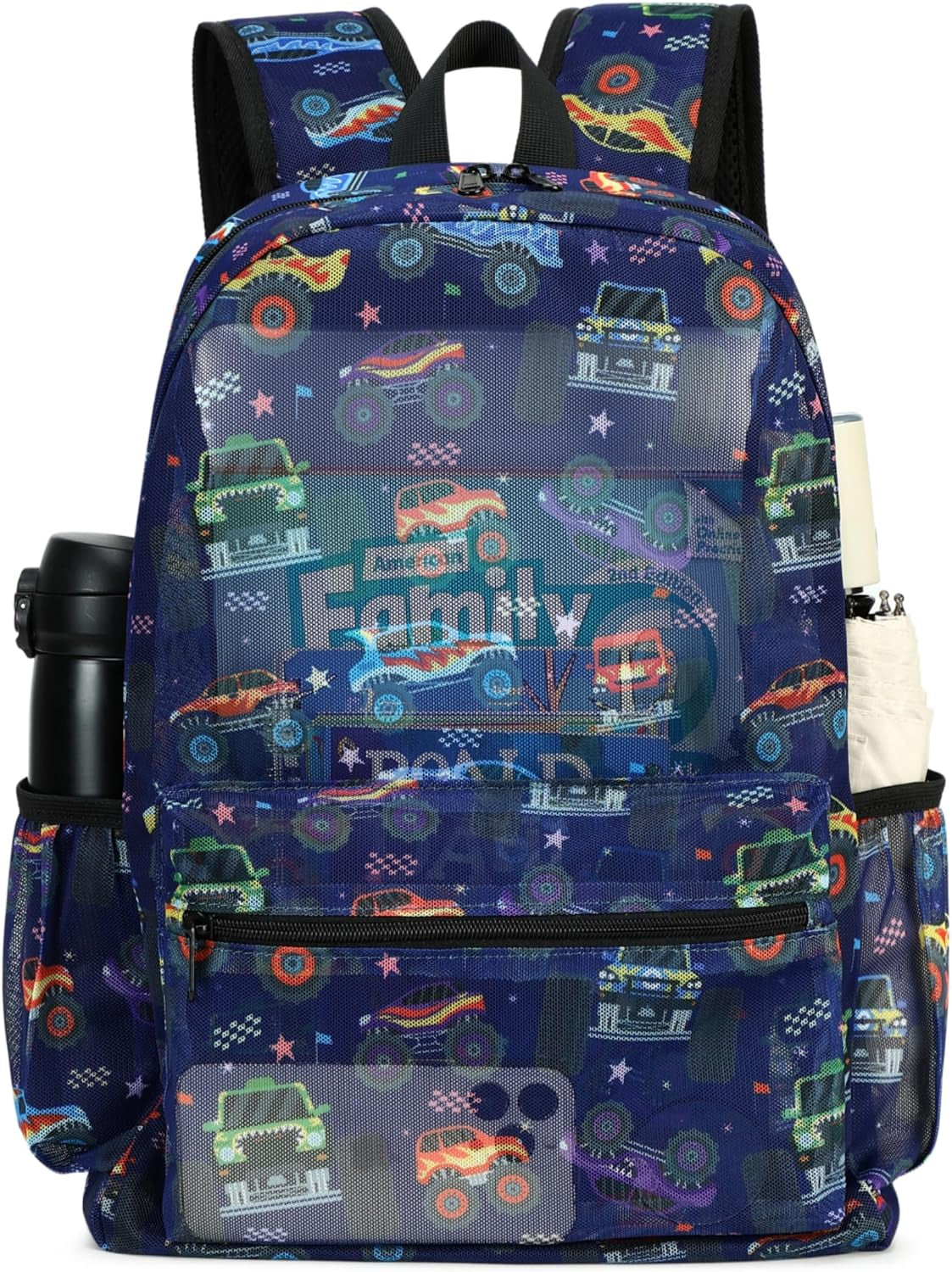 Mesh Backpack Kids Boys Girls Bookbag See through Preschool Backpacks Casual Daypack for School Beach Travel Sport (Navy-Vehicle)