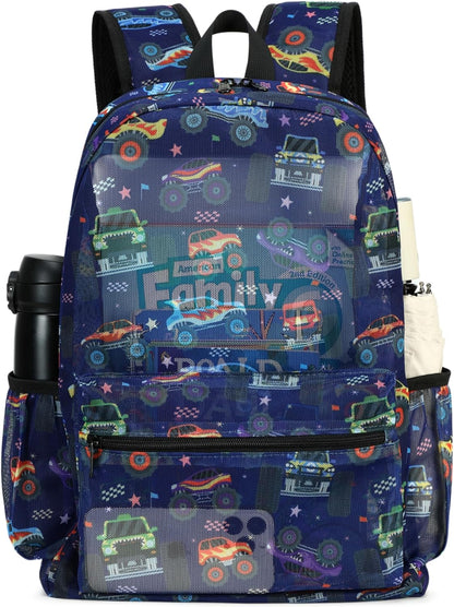 Mesh Backpack Kids Boys Girls Bookbag See through Preschool Backpacks Casual Daypack for School Beach Travel Sport (Navy-Vehicle)