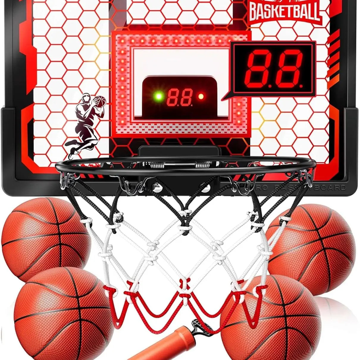 Indoor Basketball Hoop Pro for Kids, over the Door Basketball Hoop Indoor with LED Light/Scoreboard/4 Balls- Upgraded Anti-Impact Backboard, Basketball Toys Gifts for 6 7 8 9 10 11 12 Year Old Boys Chain Net