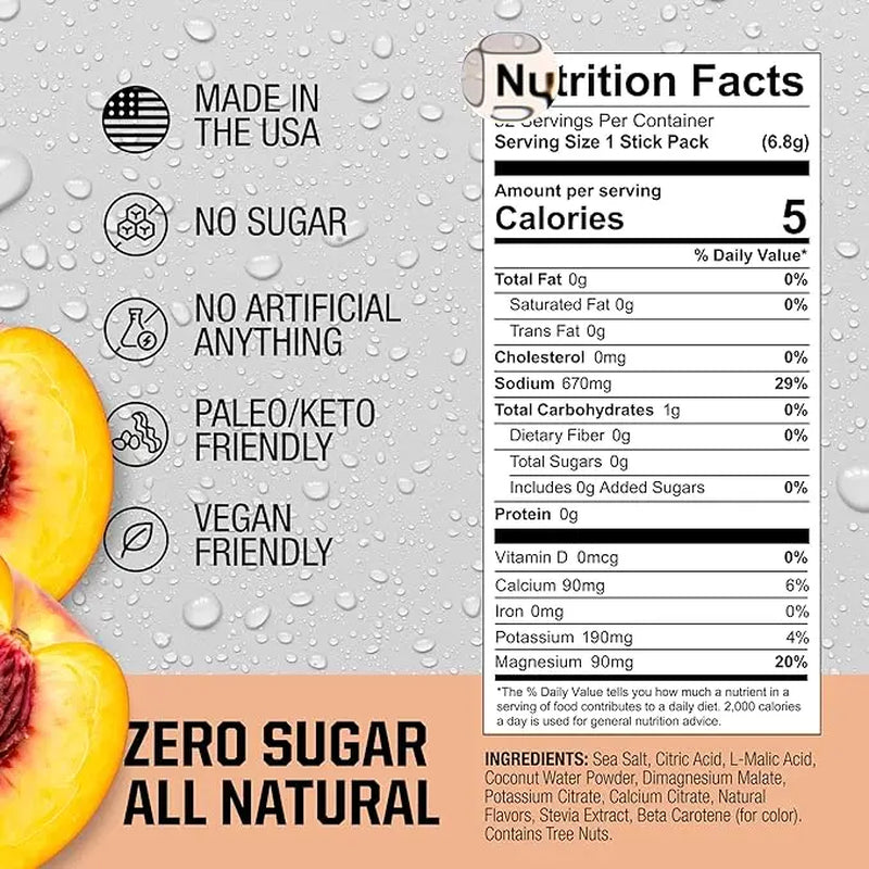 FIRE SALT PEACH Hydration Sticks - Essential Electrolytes & Coconut Water - Zero Sugar - Sport Energy Drink Mix - Natural Ingredients - 3X Electrolytes - Ideal for Intense Activities - Beverage, 16 or 32 Ct.
