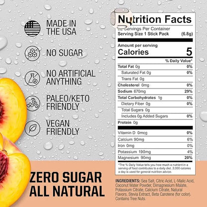 FIRE SALT PEACH Hydration Sticks - Essential Electrolytes & Coconut Water - Zero Sugar - Sport Energy Drink Mix - Natural Ingredients - 3X Electrolytes - Ideal for Intense Activities - Beverage, 16 or 32 Ct.